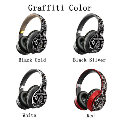 Four headphones with graffiti designs: Black Gold, Black Silver, White, and Red variations.