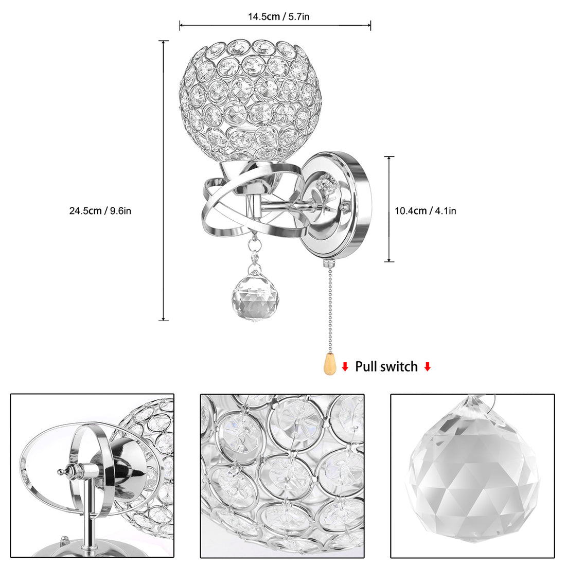 Silver crystal wall sconce with globe shade, crystal pendant, and a pull switch. Dimensions shown.