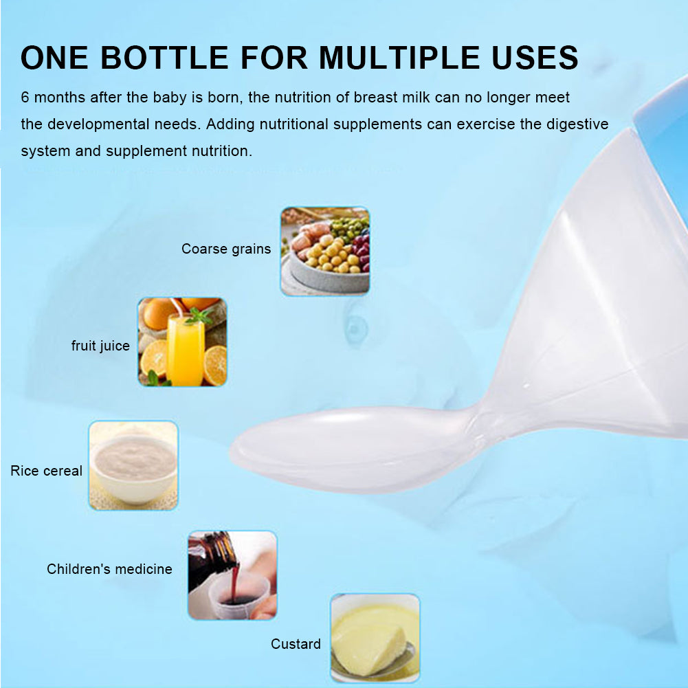 Blue background with a clear bottle, text highlights multiple uses: grains, juice, cereal, medicine, custard.