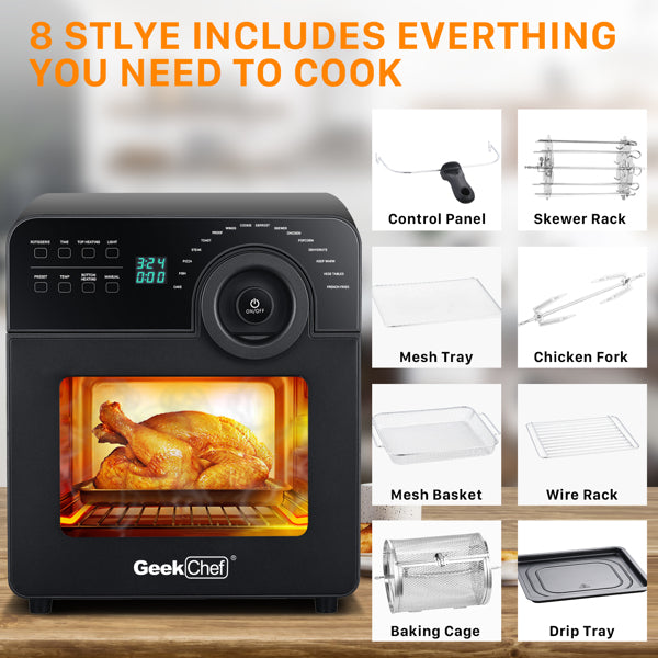 Black oven with lighted interior baking chicken; accessories include racks, trays, and control panel.
