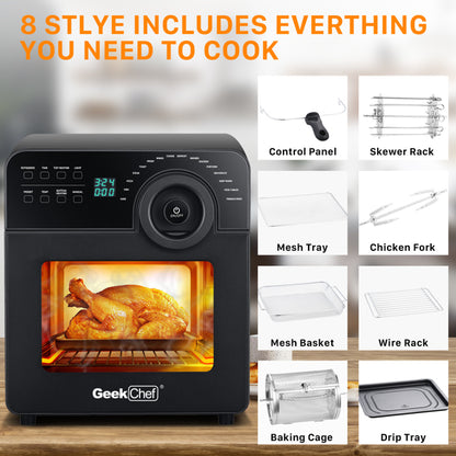 Black oven with lighted interior baking chicken; accessories include racks, trays, and control panel.