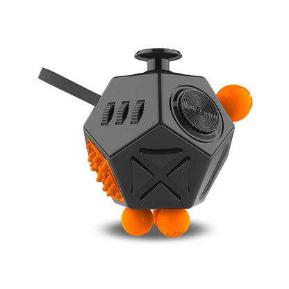 Black and orange fidget cube with textured sides and protruding buttons, on a white background.