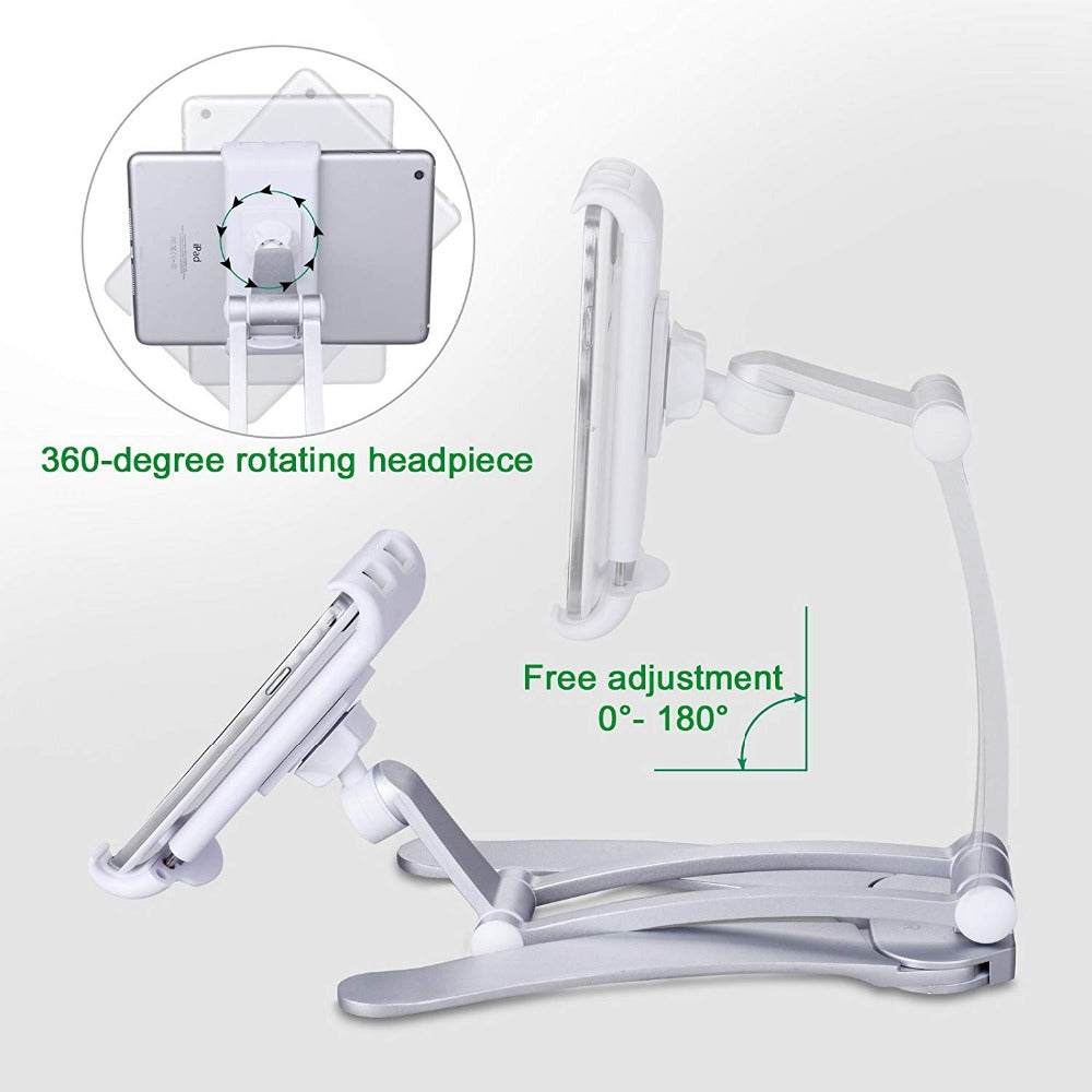 Adjustable white tablet stand with 360-degree rotation and 0°-180° angle adjustment.