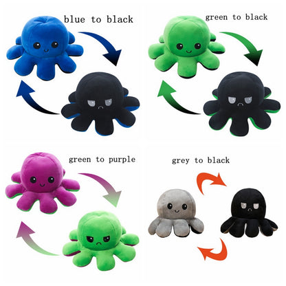 Reversible plush octopus toys in blue, green, purple, and grey, each flipping to a black version.