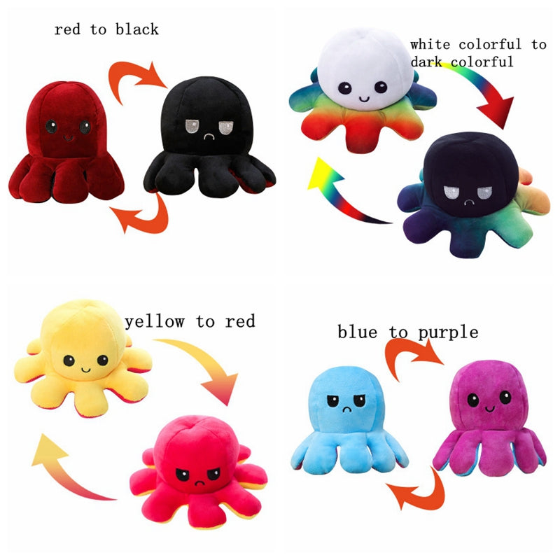 Four reversible octopus plushies, changing colors and expressions: red-black, white-rainbow, yellow-red, blue-purple.