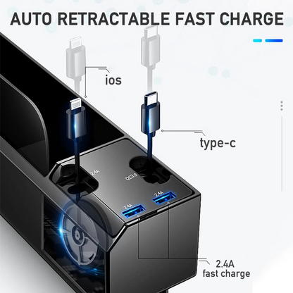 Black charging dock with auto-retractable cables, Type-C and iOS ports, blue USB connectors.