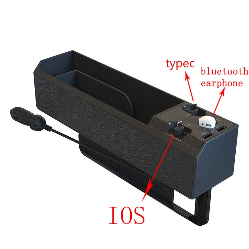 Black car seat storage box with chargers and a Bluetooth earphone slot on top.