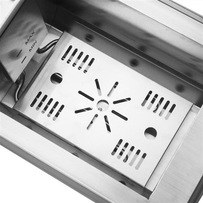 Metal tray with a star and slot design, surrounded by stainless steel with max/min markings.