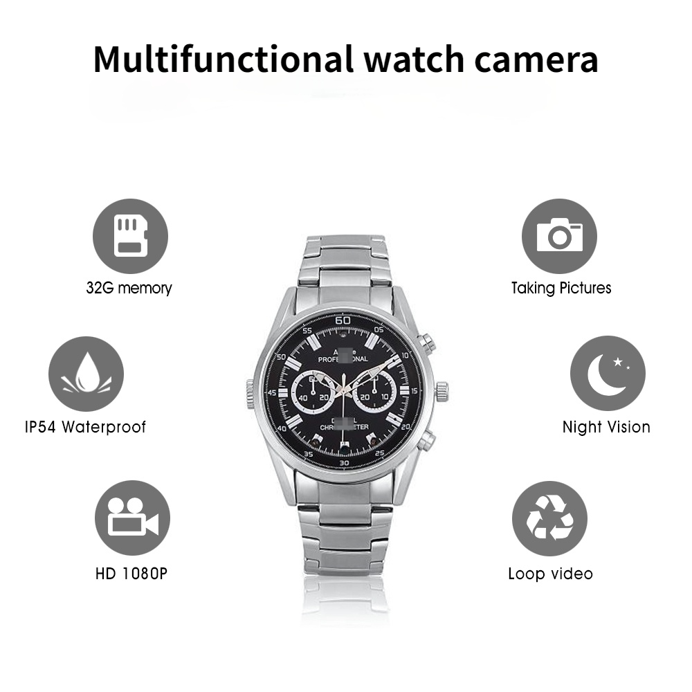 Silver watch with a black dial; features include 32G memory, waterproof, HD video, and night vision.