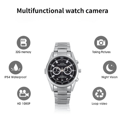 Silver watch with a black dial; features include 32G memory, waterproof, HD video, and night vision.
