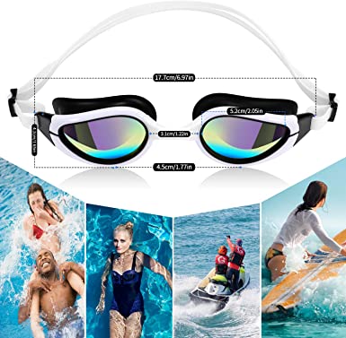 Swimming goggles with iridescent lenses in the center; people enjoying water activities below.