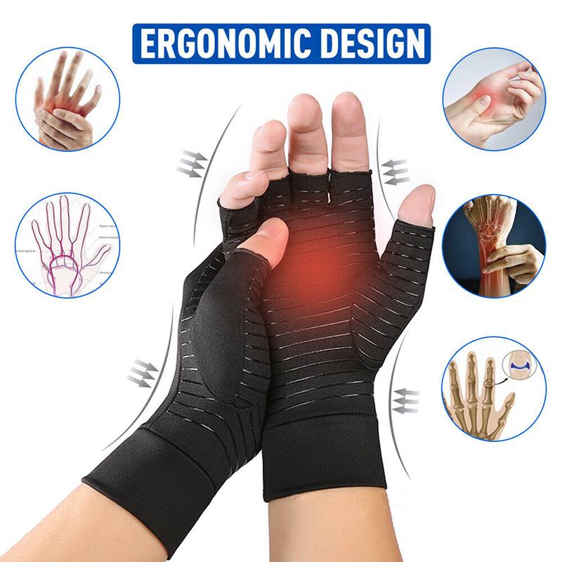 Black, fingerless gloves with ergonomic design; arrows and hand diagrams emphasize support.