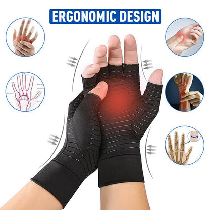 Black, fingerless gloves with ergonomic design; arrows and hand diagrams emphasize support.