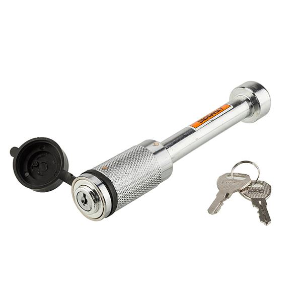 Silver hitch lock with a black cap and two keys on a white background.