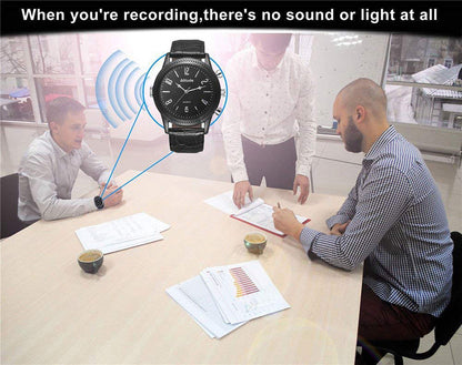 Three men at a table; a watch with sound waves is highlighted, displaying a recording feature.