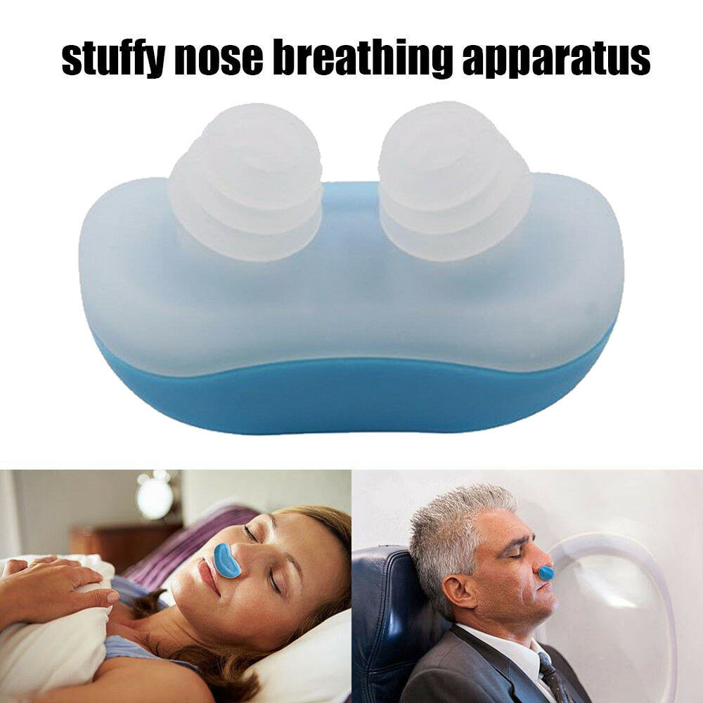 Blue and white nasal apparatus for breathing, with images of a woman and a man using it while resting.