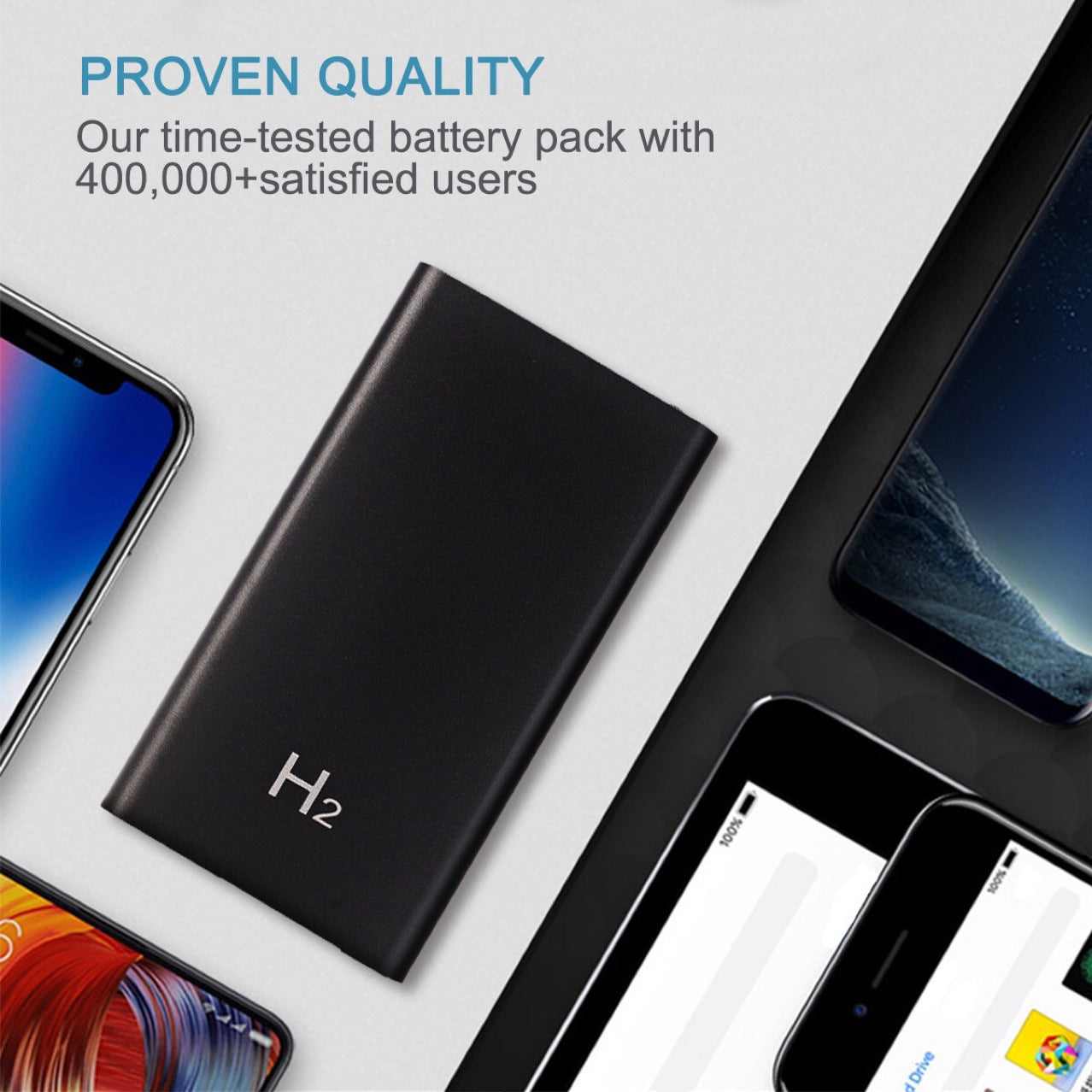 Black battery pack labeled "H2" surrounded by smartphones on a light background.