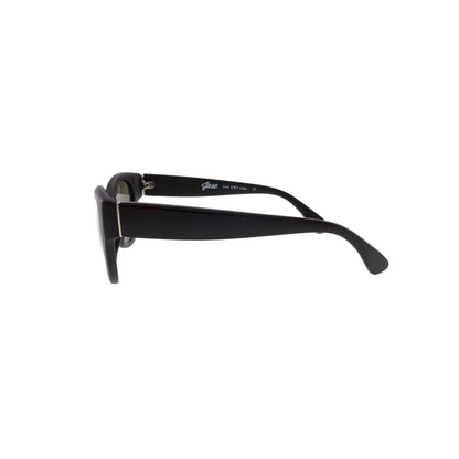 Side view of black rectangular sunglasses with thick arms and minimalist design on a white background.