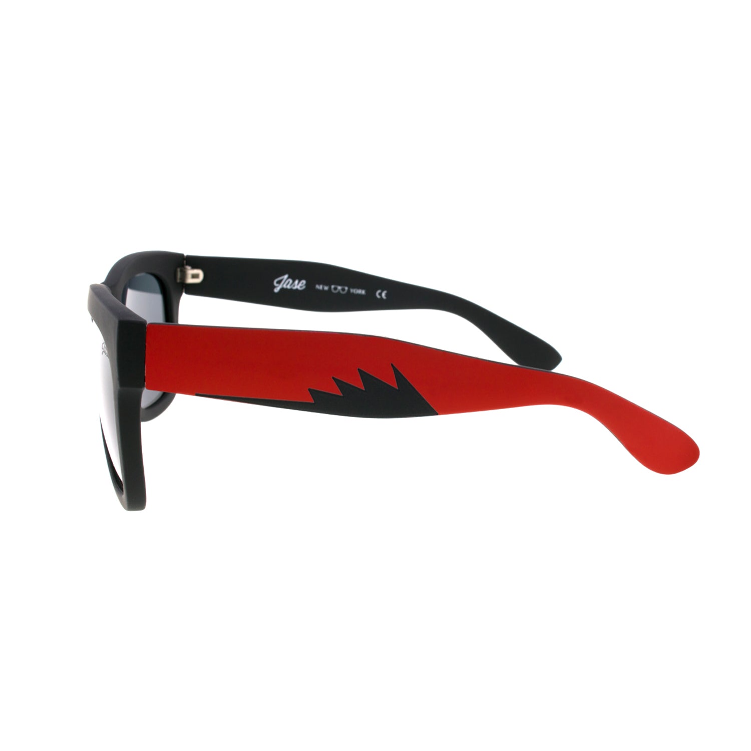 Black sunglasses with red arms featuring a black zigzag pattern on the sides.