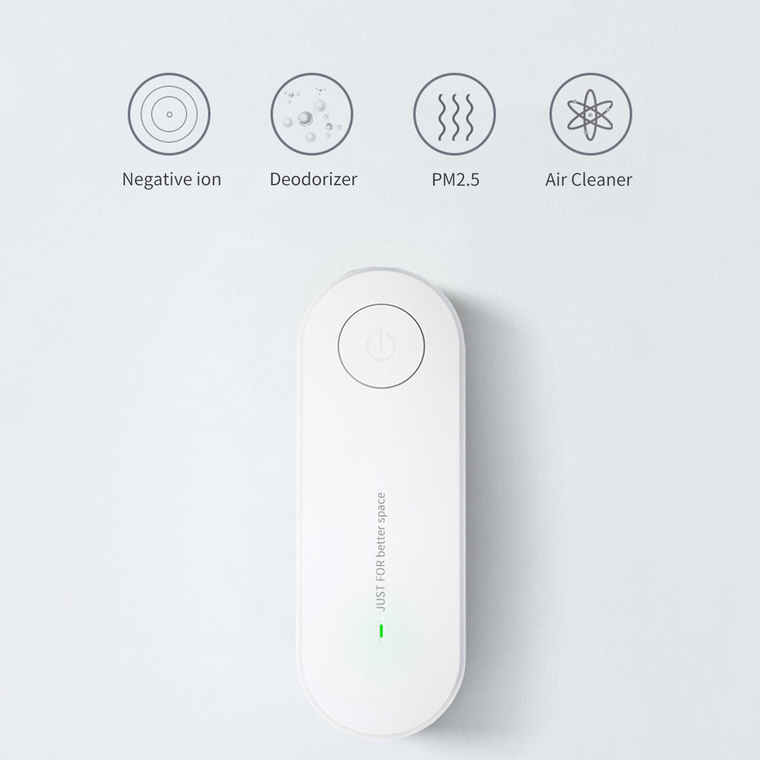 White air purifier with power button and icons for negative ions, deodorizer, PM2.5, and air cleaning.
