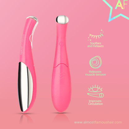 Pink handheld massager with silver tip on a pink background, with text about relaxation benefits.