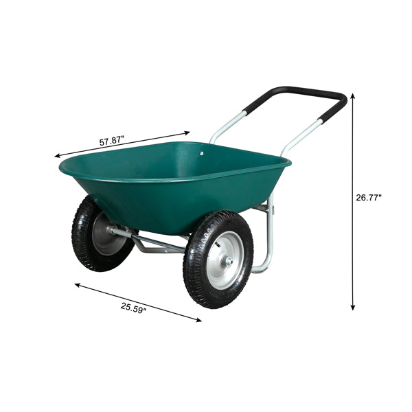Green wheelbarrow with two black wheels, black handle, and measurements displayed.