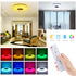 Ceiling light with RGB colors, remote control, dimmer, timer, and Bluetooth icons displayed.