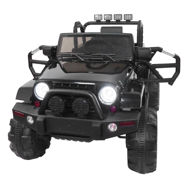 Black toy jeep with large tires, LED headlights, and roof lights, facing forward.