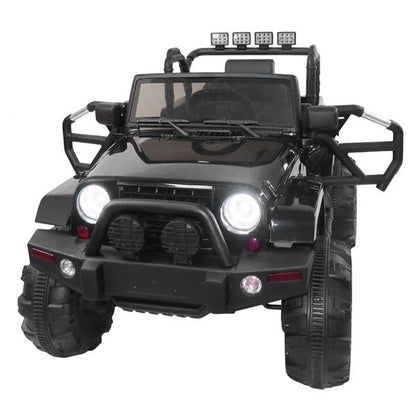 Black toy jeep with large tires, LED headlights, and roof lights, facing forward.