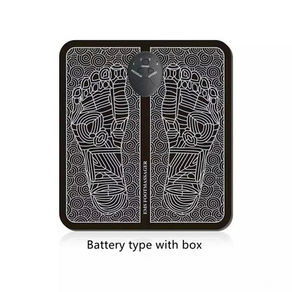 Black foot massager pad with white outlined foot design and swirling patterns, central control knob.