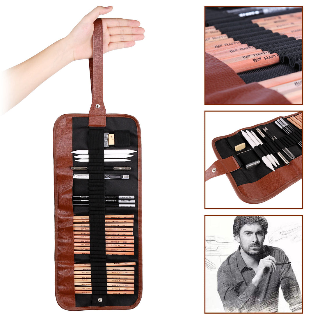 Brown leather pencil case with assorted art tools and pencils, held open by a hand.