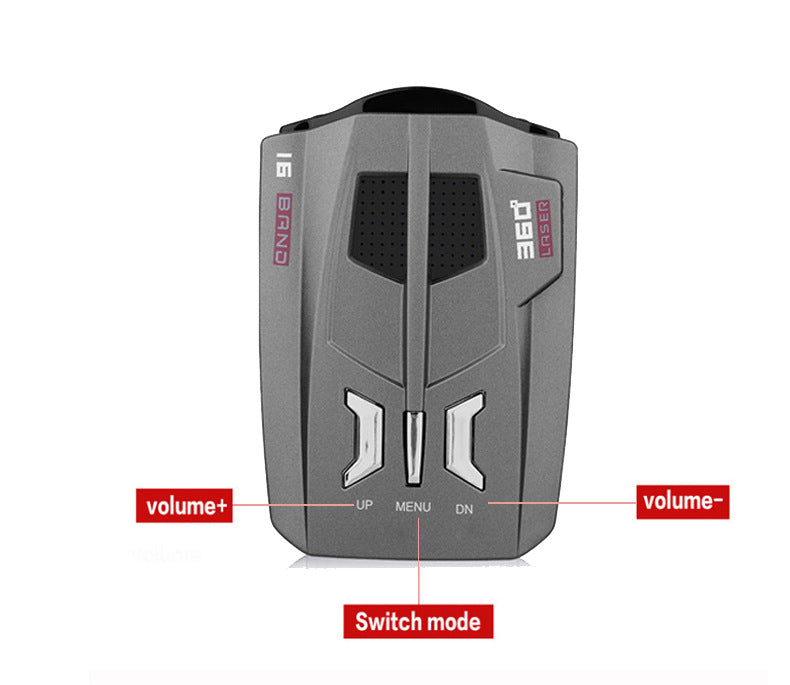 Gray electronic device with buttons labeled volume+, volume-, and switch mode, featuring red text.