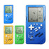 Handheld gaming devices in blue, yellow, and green, with block game on screen and cat graphic.