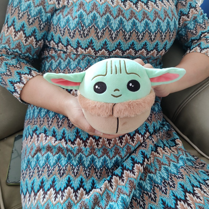 Person holding a round plush toy with green ears, over a blue and brown patterned dress.