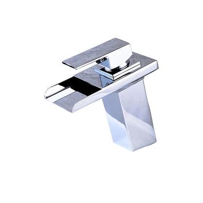 Modern chrome faucet with a flat, rectangular spout and handle, reflecting light.