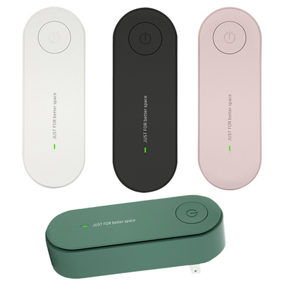 Four oval devices in white, black, pink, and green with a power button and text saying "JUST FOR better space".