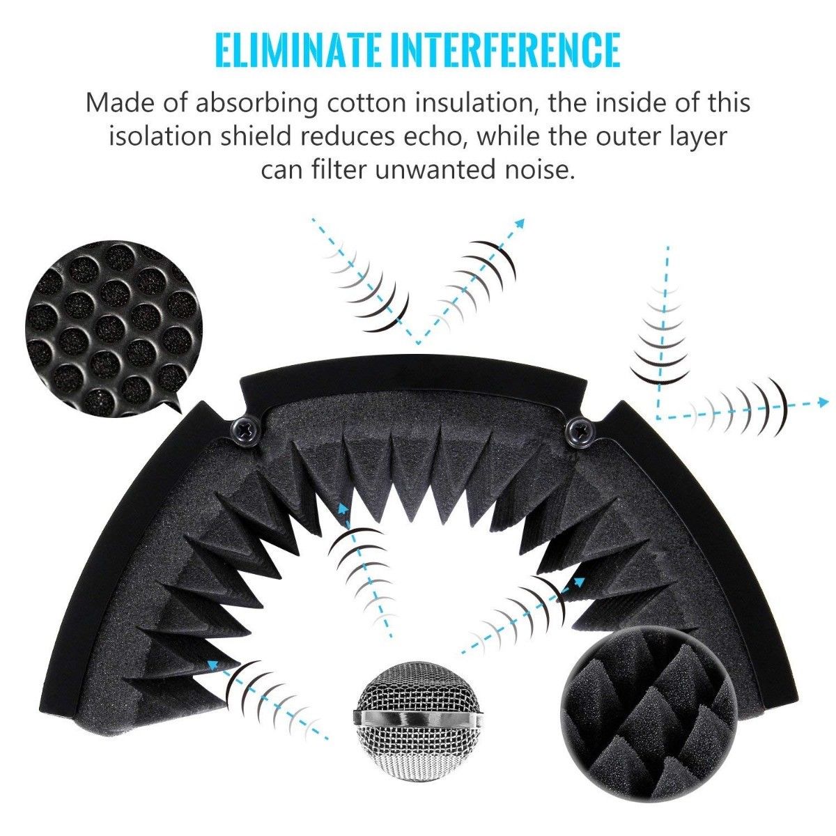 Black foam isolation shield with textured interior, sound waves, and a microphone in the foreground.