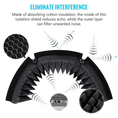Black foam isolation shield with textured interior, sound waves, and a microphone in the foreground.
