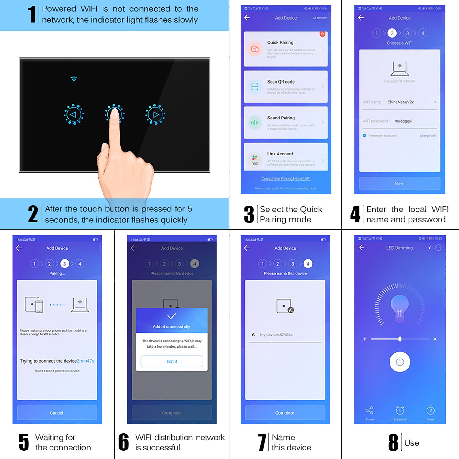 Step-by-step WiFi connection setup on blue screens, touch panel, and LED dimming interface.