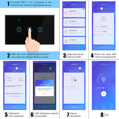 Step-by-step WiFi connection setup on blue screens, touch panel, and LED dimming interface.