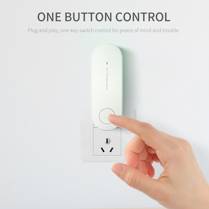 Hand pressing a button on a white wall plug with "One Button Control" text above.