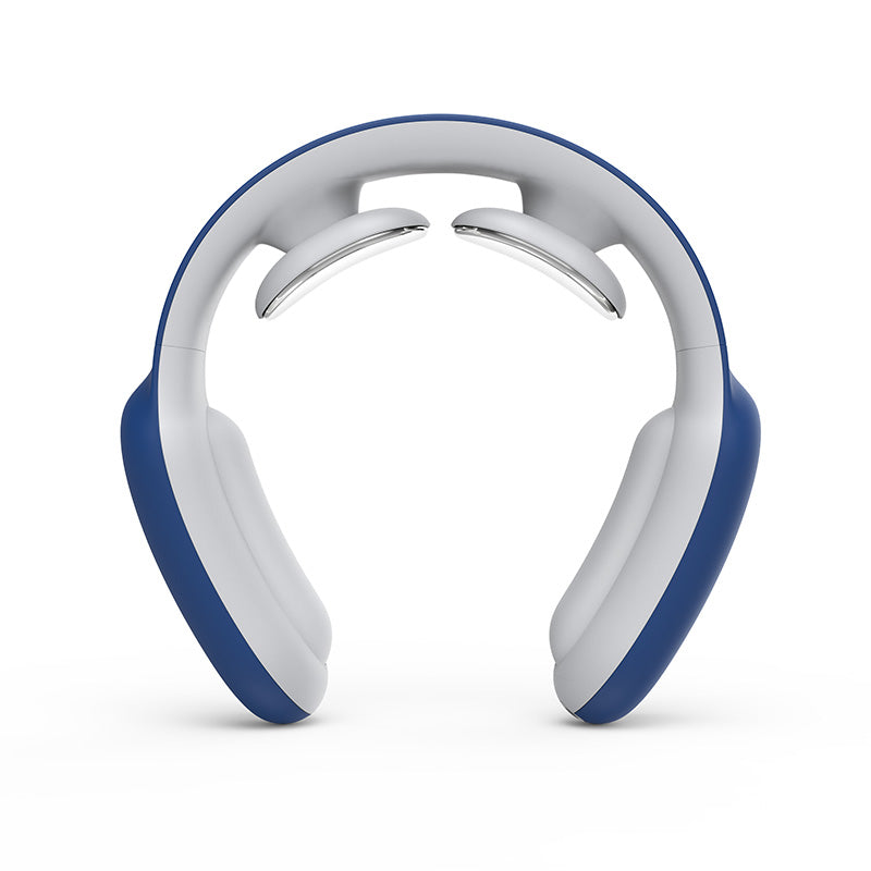 White and blue neck massage device with silver contact pads, viewed from the back.