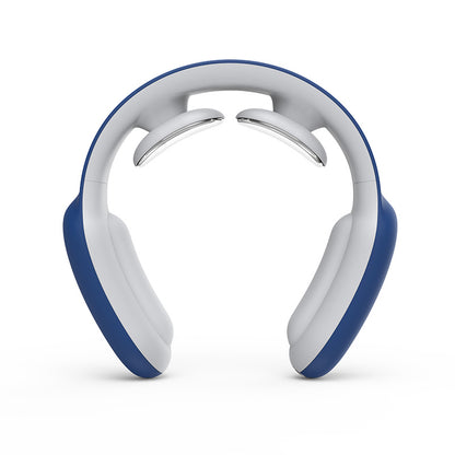 White and blue neck massage device with silver contact pads, viewed from the back.