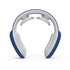 White and blue neck massage device with silver contact pads, viewed from the back.