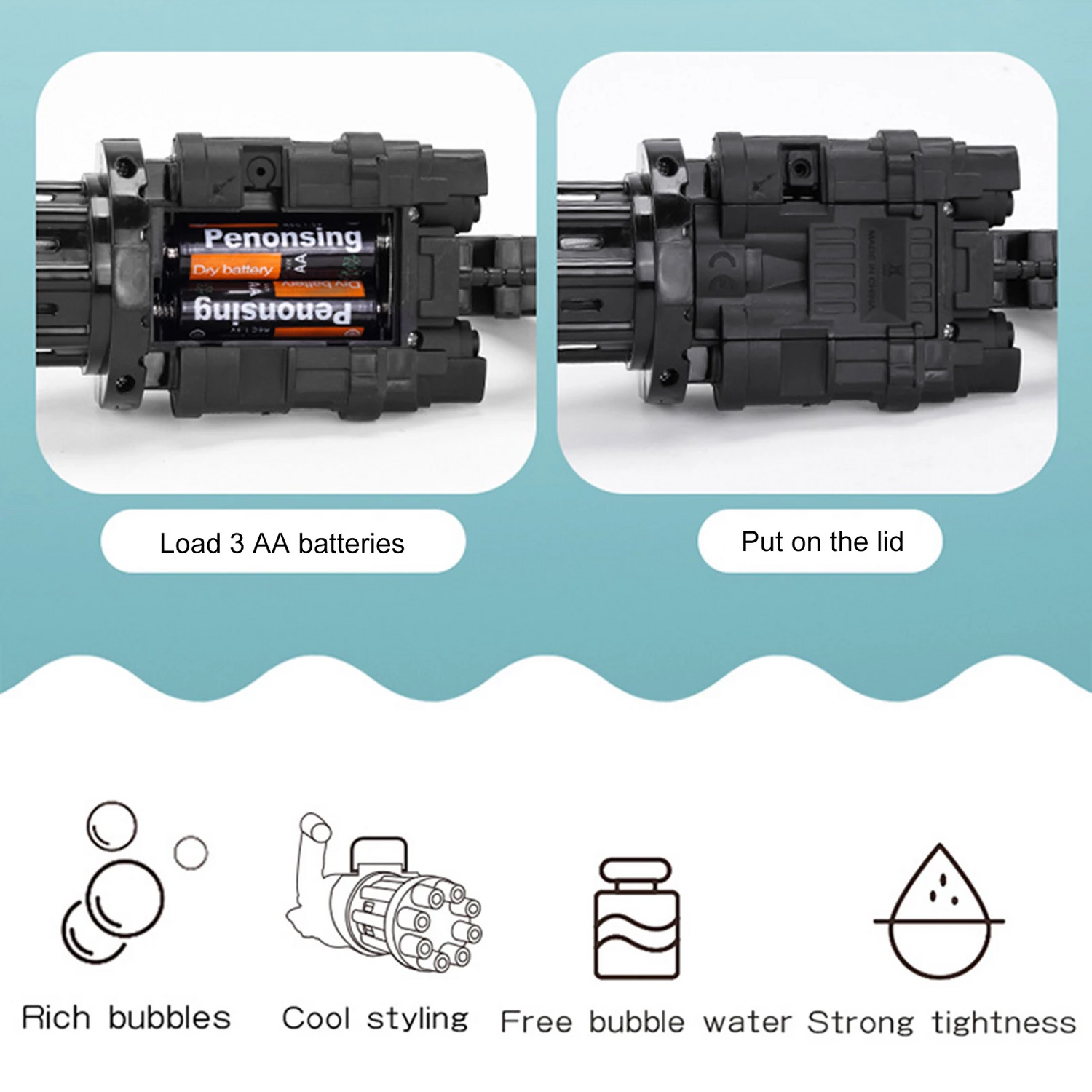 Gray device for AA batteries with instructions, set against a blue background.
