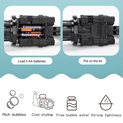 Gray device for AA batteries with instructions, set against a blue background.