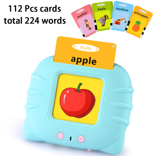 Blue device with apple card inserted, displaying a red apple. Additional colorful cards on top.