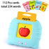 Blue device with apple card inserted, displaying a red apple. Additional colorful cards on top.