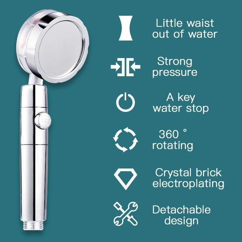Silver shower head with features listed like 360° rotation and detachable design on teal background.
