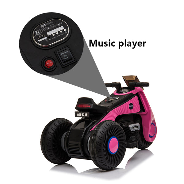 Pink and black toy motorcycle with blue accents, featuring a music player detail.